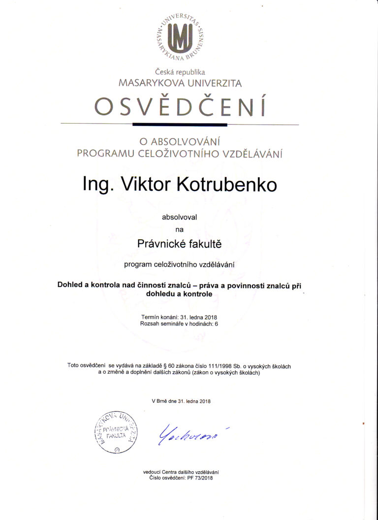 Osvědčení - Dohled a kontrola nad činností znalců